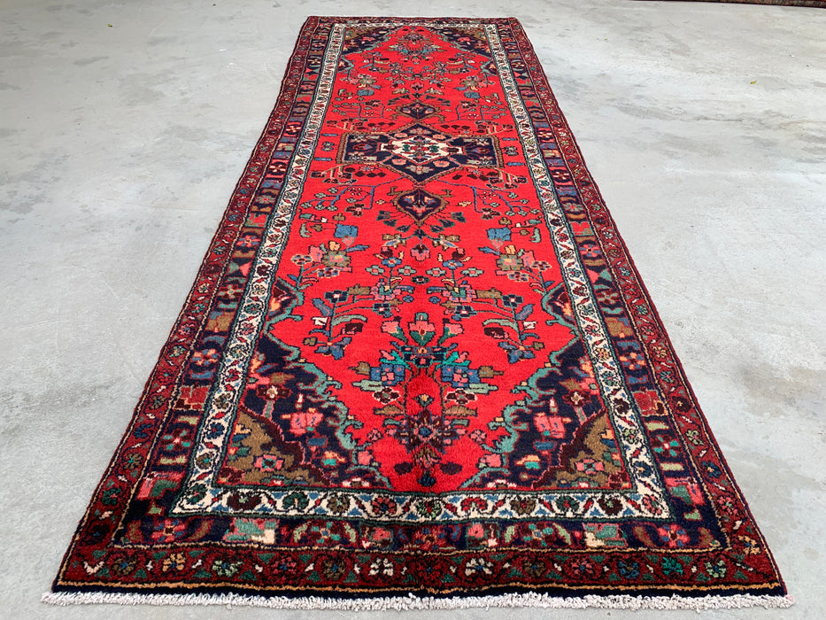 10'3 x 3'8 Handgeknoopt Perzisch wollen loper - Rood bloemmotief met marineblauwe rand - KBHM-882
