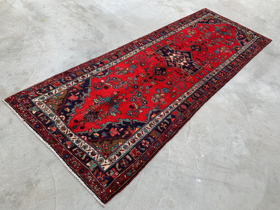10'3 x 3'8 Handgeknoopt Perzisch wollen loper - Rood bloemmotief met marineblauwe rand - KBHM-882