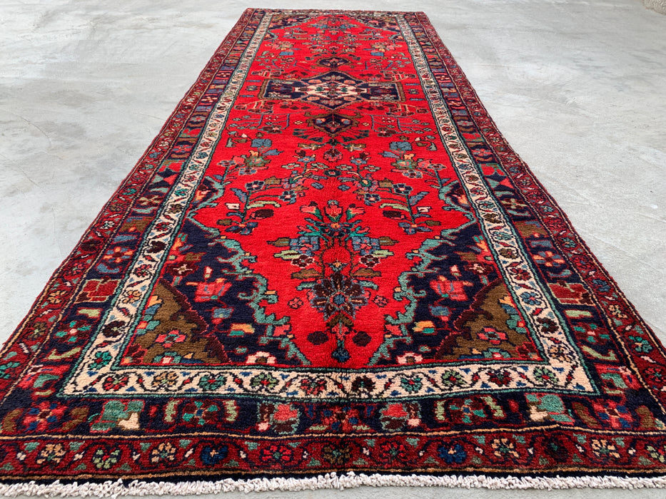 10'3 x 3'8 Handgeknoopt Perzisch wollen loper - Rood bloemmotief met marineblauwe rand - KBHM-882