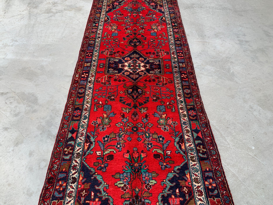10'3 x 3'8 Handgeknoopt Perzisch wollen loper - Rood bloemmotief met marineblauwe rand - KBHM-882