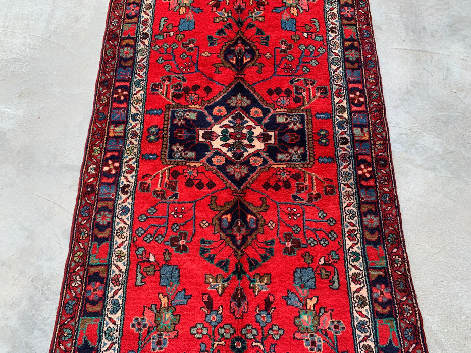 10'3 x 3'8 Handgeknoopt Perzisch wollen loper - Rood bloemmotief met marineblauwe rand - KBHM-882