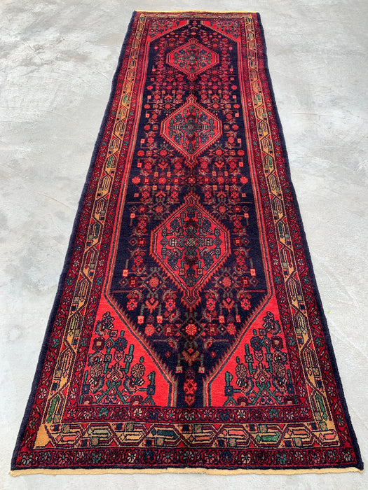 10'5 x 3'4 handgeknoopt Perzisch wollen loper - Marineblauw tribaal medaillonontwerp met rode accenten - KBHM-883