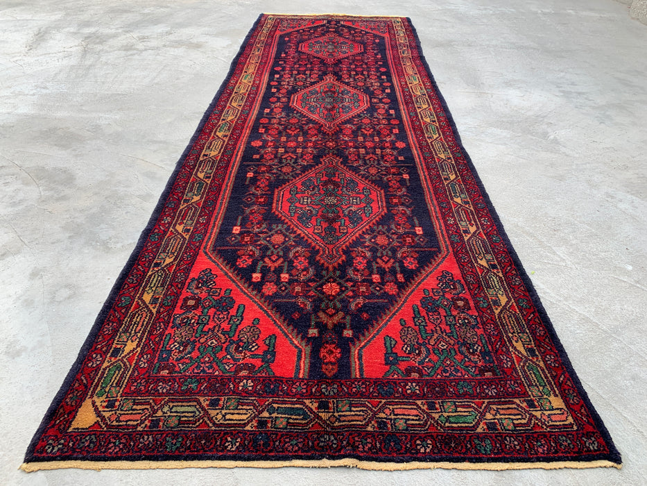 10'5 x 3'4 handgeknoopt Perzisch wollen loper - Marineblauw tribaal medaillonontwerp met rode accenten - KBHM-883