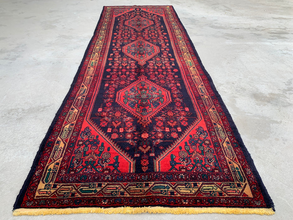 10'5 x 3'4 handgeknoopt Perzisch wollen loper - Marineblauw tribaal medaillonontwerp met rode accenten - KBHM-883