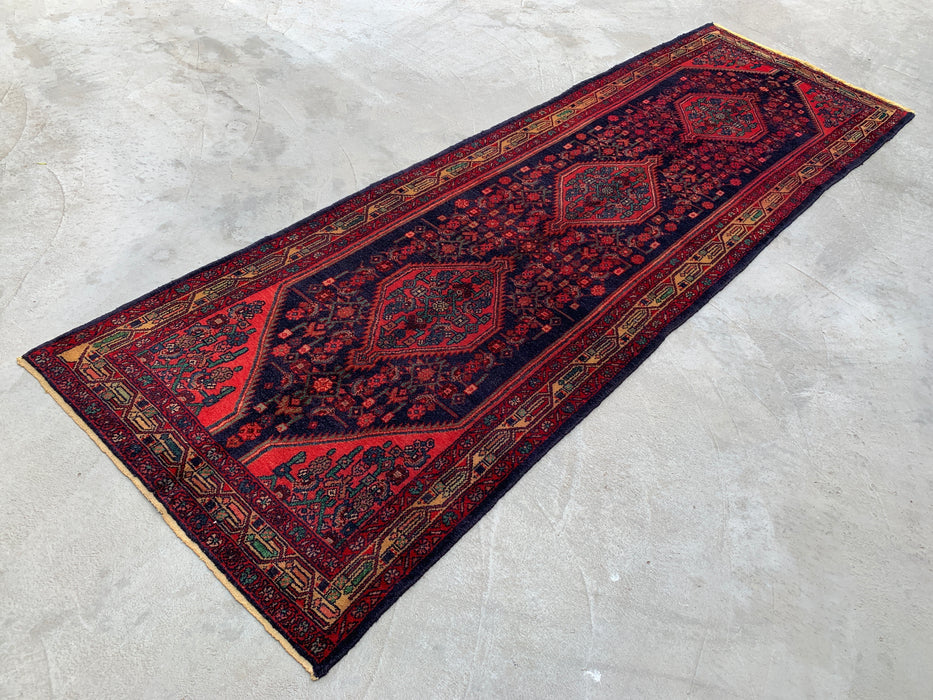 10'5 x 3'4 handgeknoopt Perzisch wollen loper - Marineblauw tribaal medaillonontwerp met rode accenten - KBHM-883