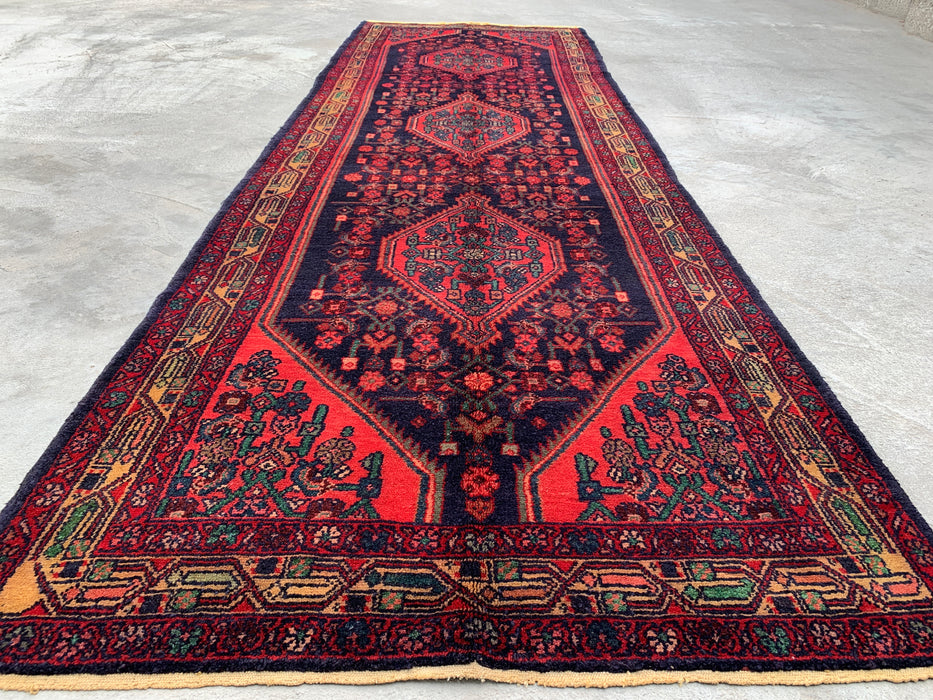 10'5 x 3'4 handgeknoopt Perzisch wollen loper - Marineblauw tribaal medaillonontwerp met rode accenten - KBHM-883