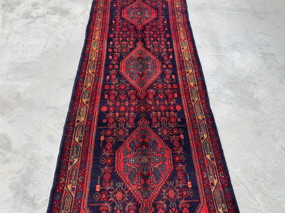 10'5 x 3'4 handgeknoopt Perzisch wollen loper - Marineblauw tribaal medaillonontwerp met rode accenten - KBHM-883