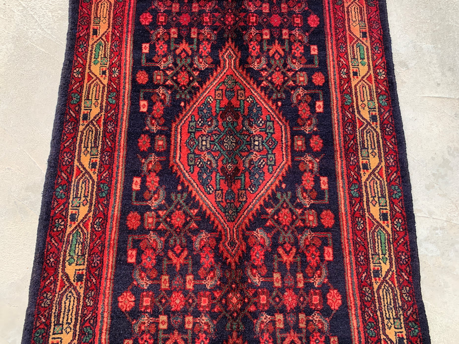 10'5 x 3'4 handgeknoopt Perzisch wollen loper - Marineblauw tribaal medaillonontwerp met rode accenten - KBHM-883