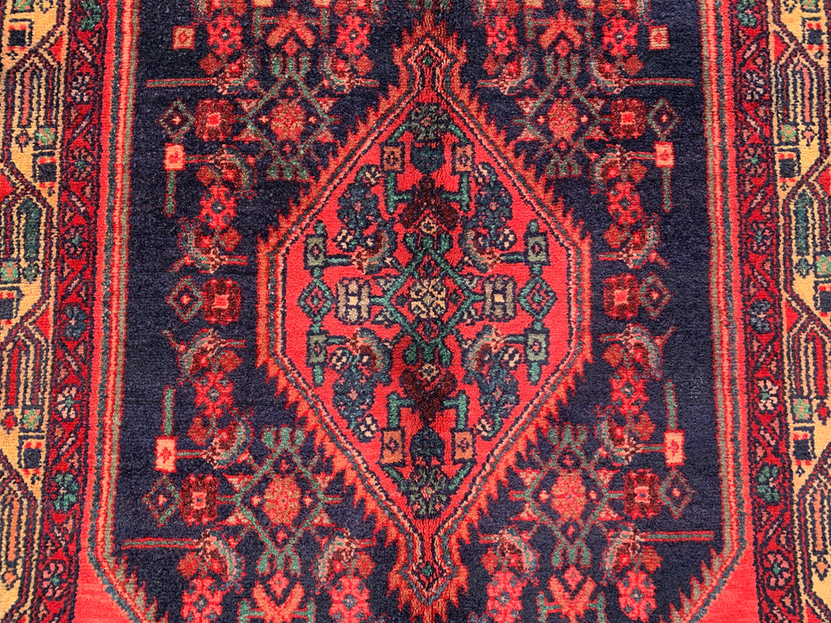 10'5 x 3'4 handgeknoopt Perzisch wollen loper - Marineblauw tribaal medaillonontwerp met rode accenten - KBHM-883