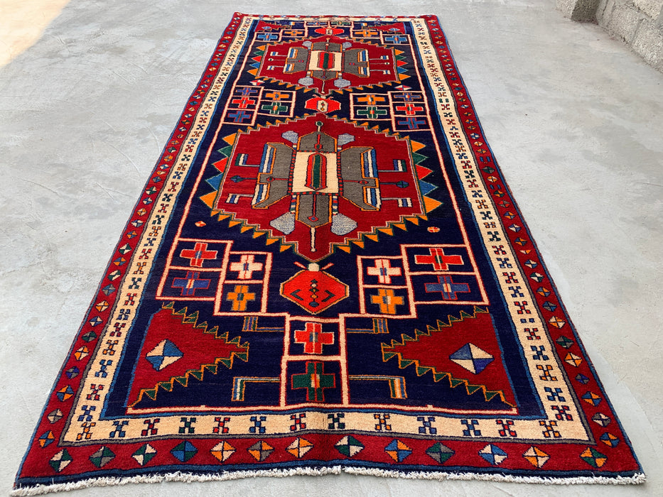 10'1 x 4'7 Handgeknoopt Perzisch wollen loper - Marineblauw geometrisch tribaal ontwerp met rode accenten - KBHM-884