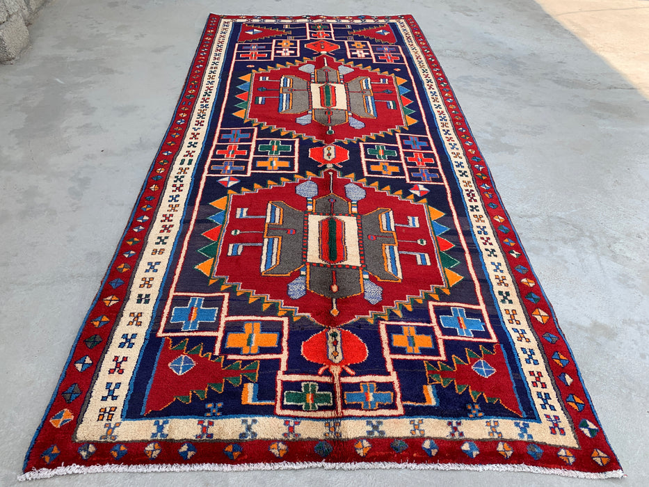 10'1 x 4'7 Handgeknoopt Perzisch wollen loper - Marineblauw geometrisch tribaal ontwerp met rode accenten - KBHM-884