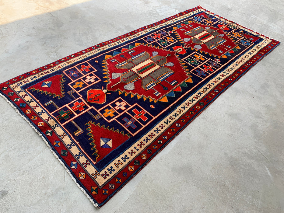 10'1 x 4'7 Handgeknoopt Perzisch wollen loper - Marineblauw geometrisch tribaal ontwerp met rode accenten - KBHM-884