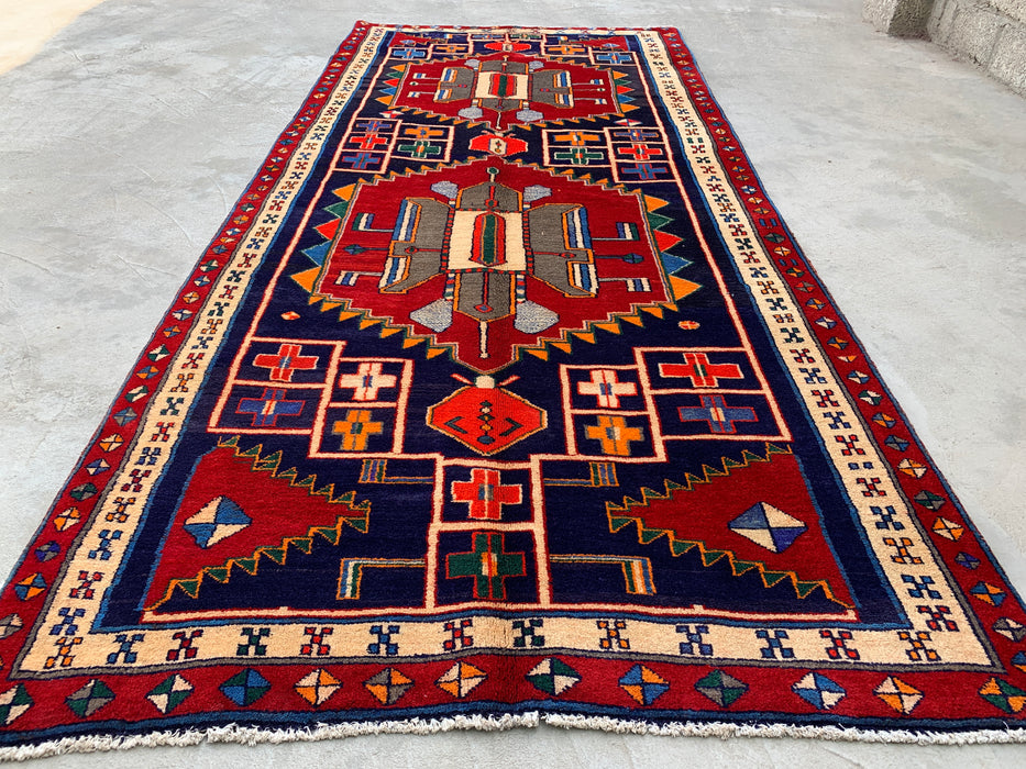 10'1 x 4'7 Handgeknoopt Perzisch wollen loper - Marineblauw geometrisch tribaal ontwerp met rode accenten - KBHM-884