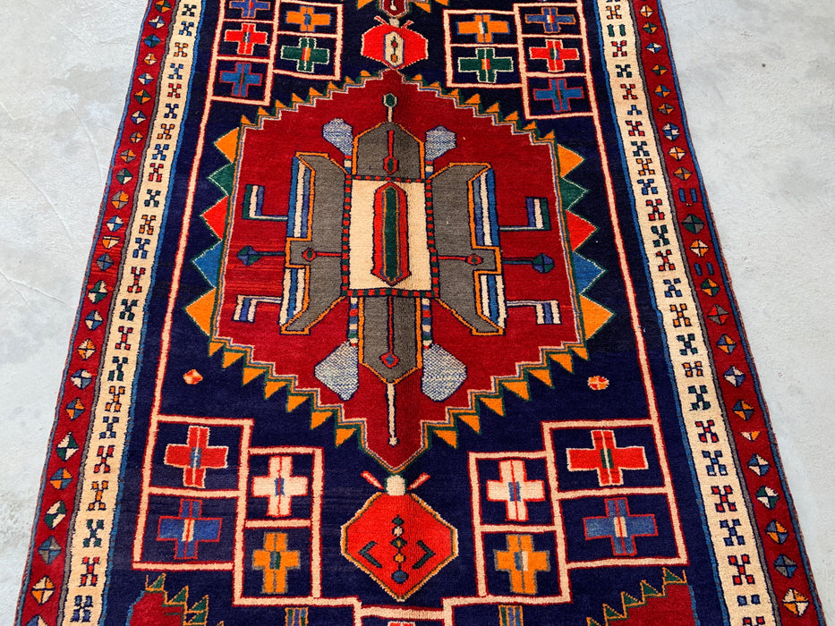 10'1 x 4'7 Handgeknoopt Perzisch wollen loper - Marineblauw geometrisch tribaal ontwerp met rode accenten - KBHM-884