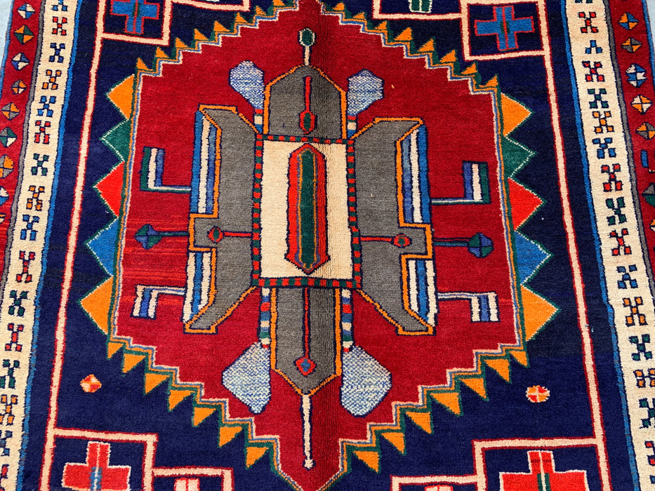 10'1 x 4'7 Handgeknoopt Perzisch wollen loper - Marineblauw geometrisch tribaal ontwerp met rode accenten - KBHM-884