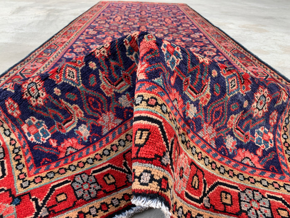 310 x 109 cm handgeknoopt Perzisch wollen loper - Marineblauw met all-over bloemmotief en rode rand - KBHM-885