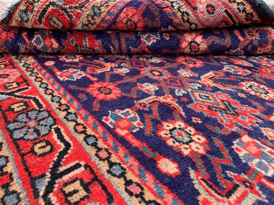 310 x 109 cm handgeknoopt Perzisch wollen loper - Marineblauw met all-over bloemmotief en rode rand - KBHM-885