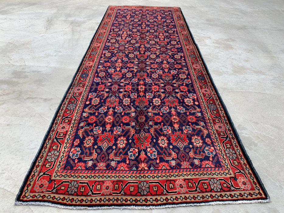 310 x 109 cm handgeknoopt Perzisch wollen loper - Marineblauw met all-over bloemmotief en rode rand - KBHM-885