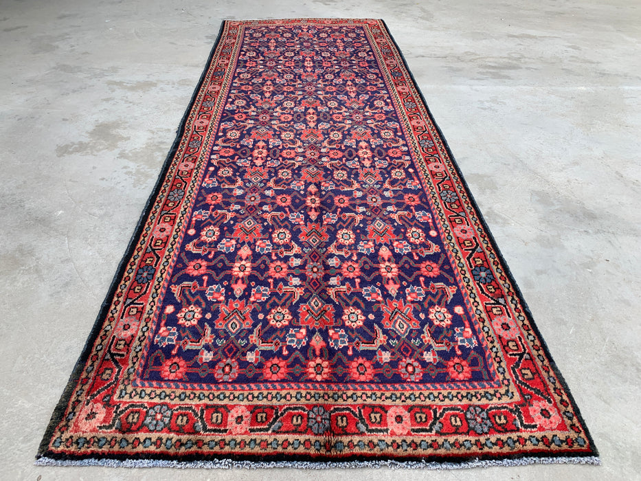 310 x 109 cm handgeknoopt Perzisch wollen loper - Marineblauw met all-over bloemmotief en rode rand - KBHM-885