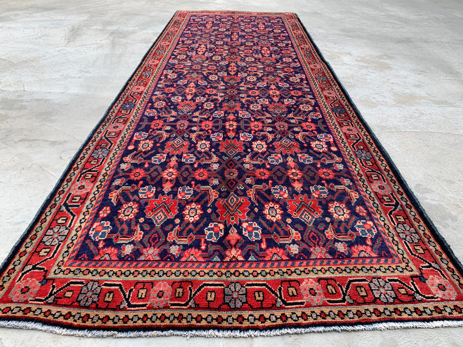 310 x 109 cm handgeknoopt Perzisch wollen loper - Marineblauw met all-over bloemmotief en rode rand - KBHM-885
