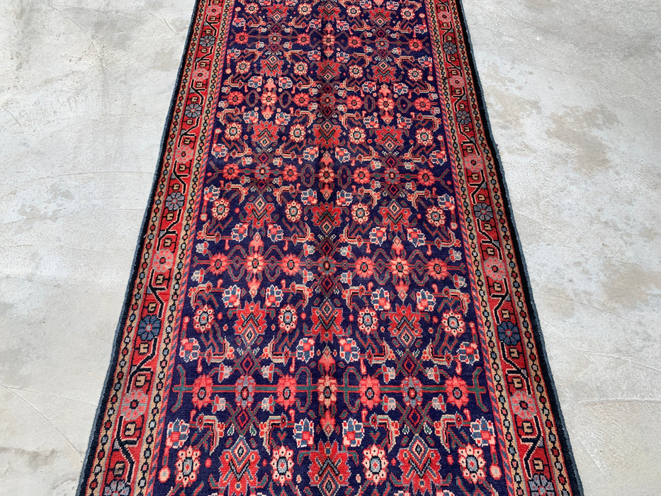 310 x 109 cm handgeknoopt Perzisch wollen loper - Marineblauw met all-over bloemmotief en rode rand - KBHM-885