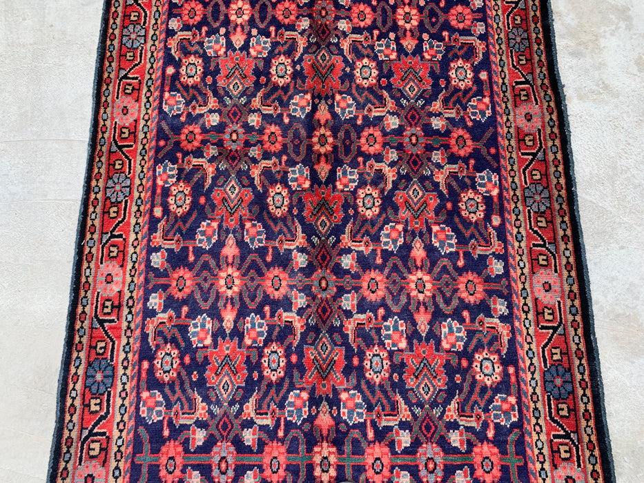 310 x 109 cm handgeknoopt Perzisch wollen loper - Marineblauw met all-over bloemmotief en rode rand - KBHM-885