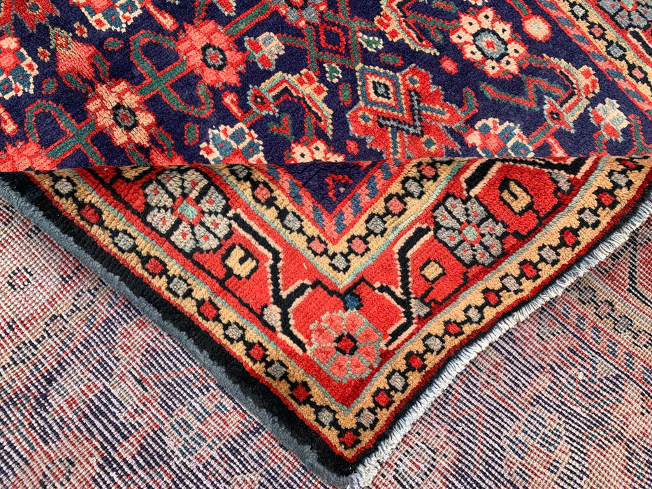 310 x 109 cm handgeknoopt Perzisch wollen loper - Marineblauw met all-over bloemmotief en rode rand - KBHM-885