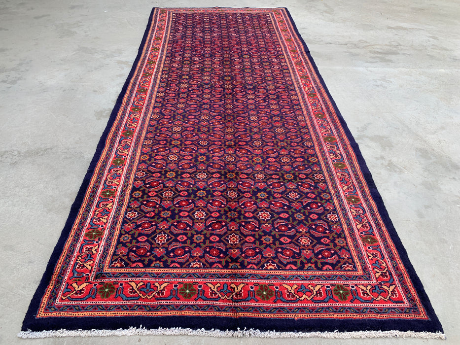 10'6 x 4'4 handgeknoopt Perzisch wollen loper - Marineblauw met all-over bloemendessin en rode rand - KBHM-886