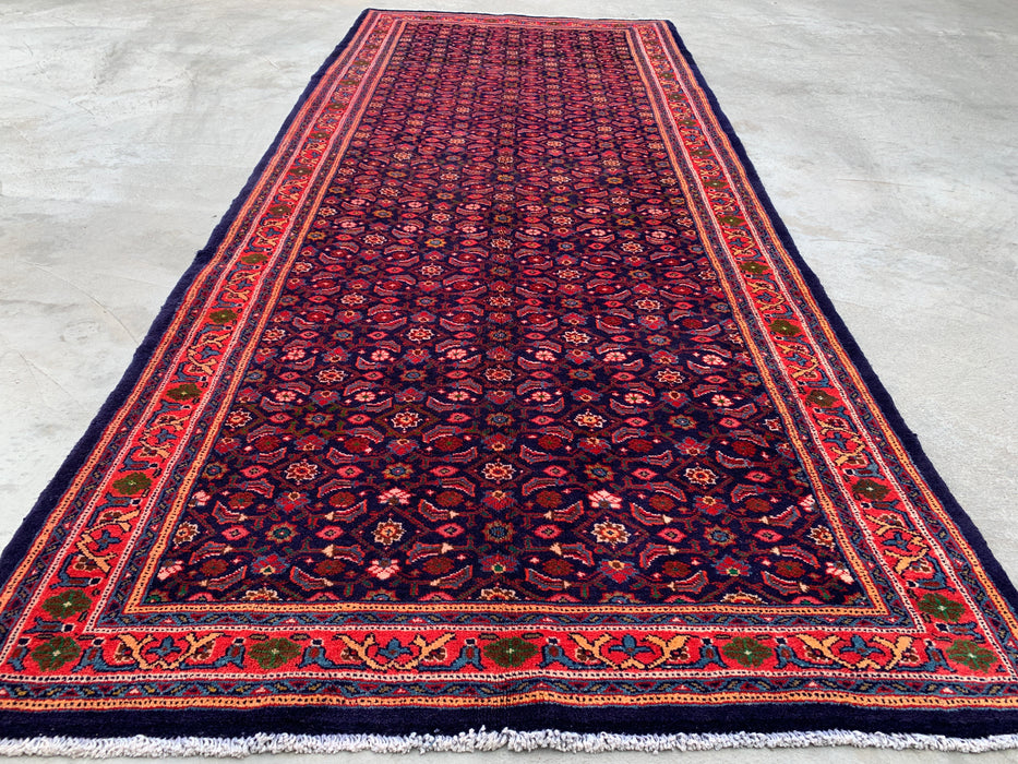 10'6 x 4'4 handgeknoopt Perzisch wollen loper - Marineblauw met all-over bloemendessin en rode rand - KBHM-886