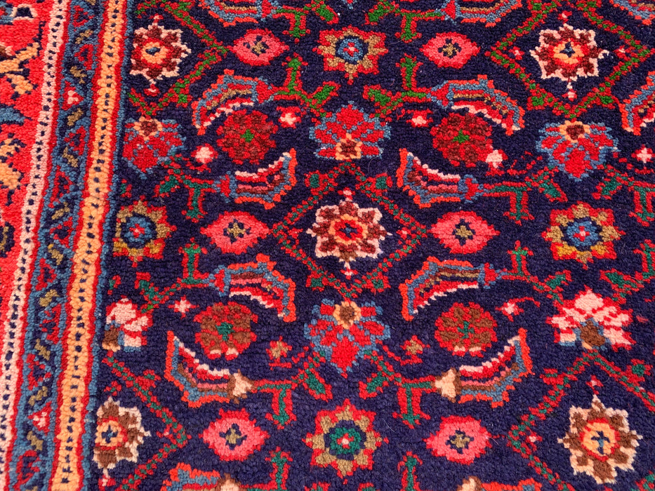 10'6 x 4'4 handgeknoopt Perzisch wollen loper - Marineblauw met all-over bloemendessin en rode rand - KBHM-886