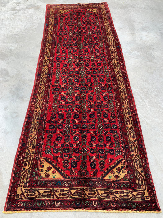 9'7 x 3'5 Handgeknoopt Perzisch wollen loper - Rood all-over bloemendessin met ivoren rand - KBHM-887