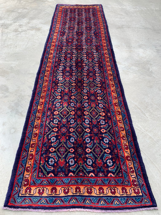 12'6 x 3'4 Handgeknoopt Perzisch wollen loper - Marineblauw met all-over bloemendessin - KBHM-889