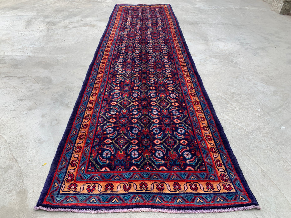 12'6 x 3'4 Handgeknoopt Perzisch wollen loper - Marineblauw met all-over bloemendessin - KBHM-889