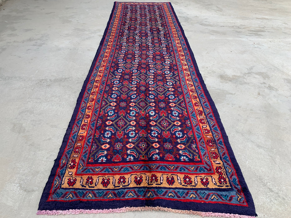 12'6 x 3'4 Handgeknoopt Perzisch wollen loper - Marineblauw met all-over bloemendessin - KBHM-889