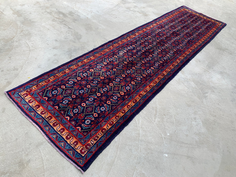 12'6 x 3'4 Handgeknoopt Perzisch wollen loper - Marineblauw met all-over bloemendessin - KBHM-889