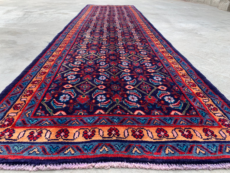 12'6 x 3'4 Handgeknoopt Perzisch wollen loper - Marineblauw met all-over bloemendessin - KBHM-889