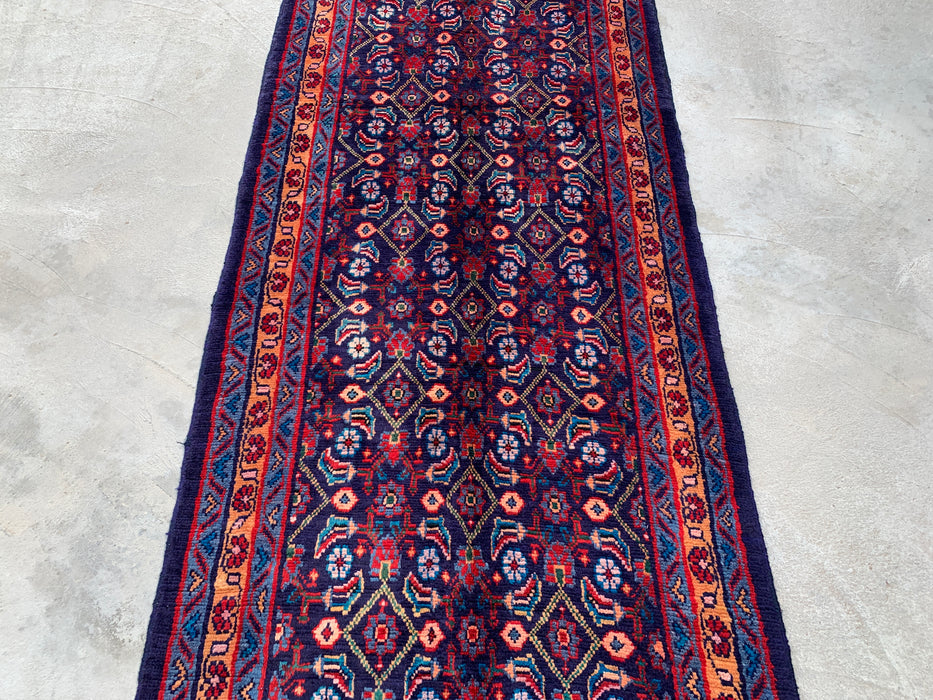 12'6 x 3'4 Handgeknoopt Perzisch wollen loper - Marineblauw met all-over bloemendessin - KBHM-889