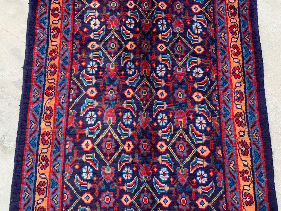 12'6 x 3'4 Handgeknoopt Perzisch wollen loper - Marineblauw met all-over bloemendessin - KBHM-889