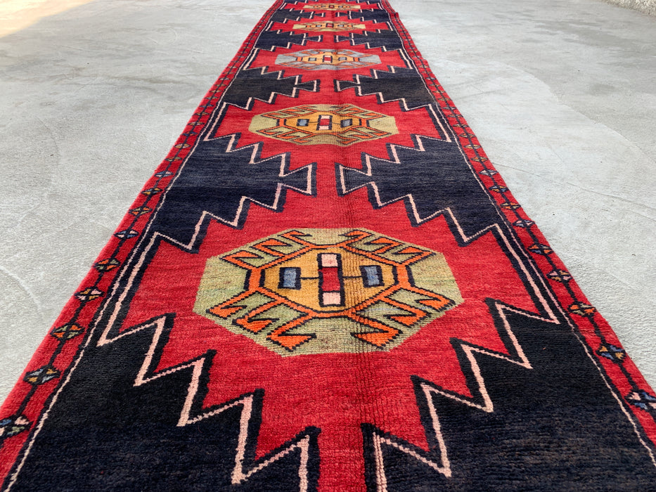 13'0 x 2'8 handgeknoopt Perzisch wollen loper - Marineblauw geometrisch tribaal ontwerp met rode motieven - KBHM-890