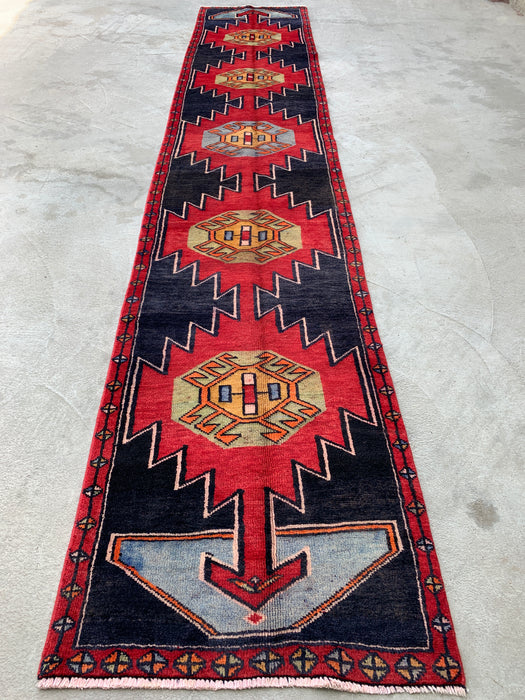 13'0 x 2'8 handgeknoopt Perzisch wollen loper - Marineblauw geometrisch tribaal ontwerp met rode motieven - KBHM-890