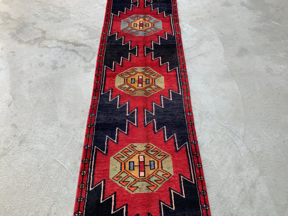 13'0 x 2'8 handgeknoopt Perzisch wollen loper - Marineblauw geometrisch tribaal ontwerp met rode motieven - KBHM-890
