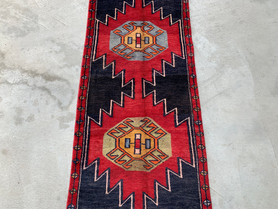 13'0 x 2'8 handgeknoopt Perzisch wollen loper - Marineblauw geometrisch tribaal ontwerp met rode motieven - KBHM-890