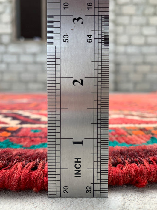 9'10 x 4'11 handgeknoopt Perzisch wollen tapijt - Rood geometrisch tribaal ontwerp met ivoorkleurige rand - KBHM-891