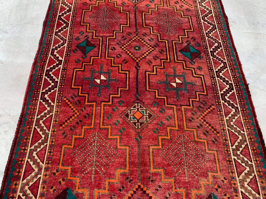 9'10 x 4'11 handgeknoopt Perzisch wollen tapijt - Rood geometrisch tribaal ontwerp met ivoorkleurige rand - KBHM-891