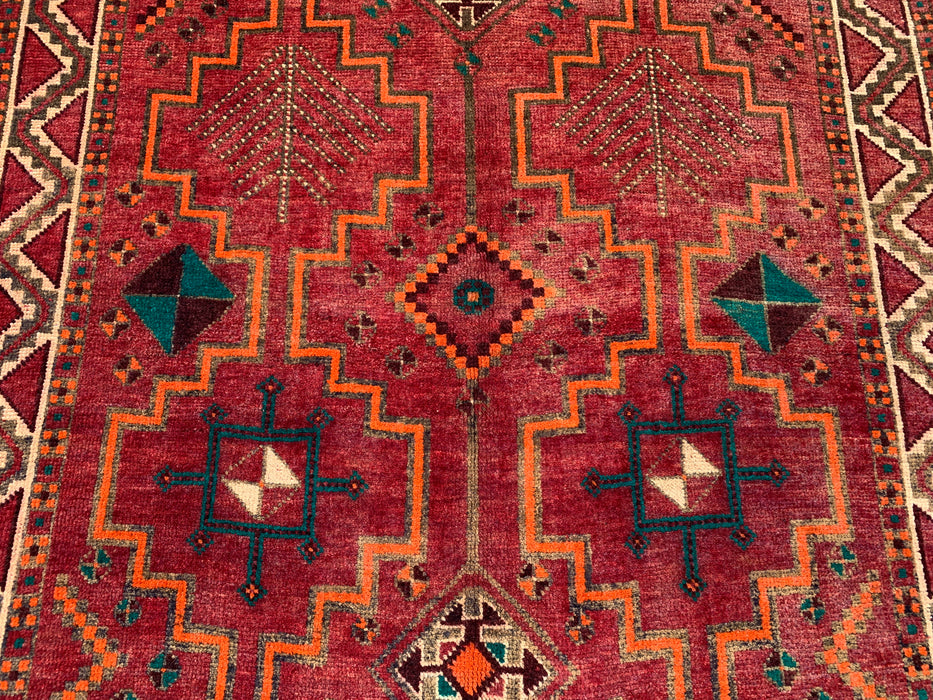 9'10 x 4'11 handgeknoopt Perzisch wollen tapijt - Rood geometrisch tribaal ontwerp met ivoorkleurige rand - KBHM-891