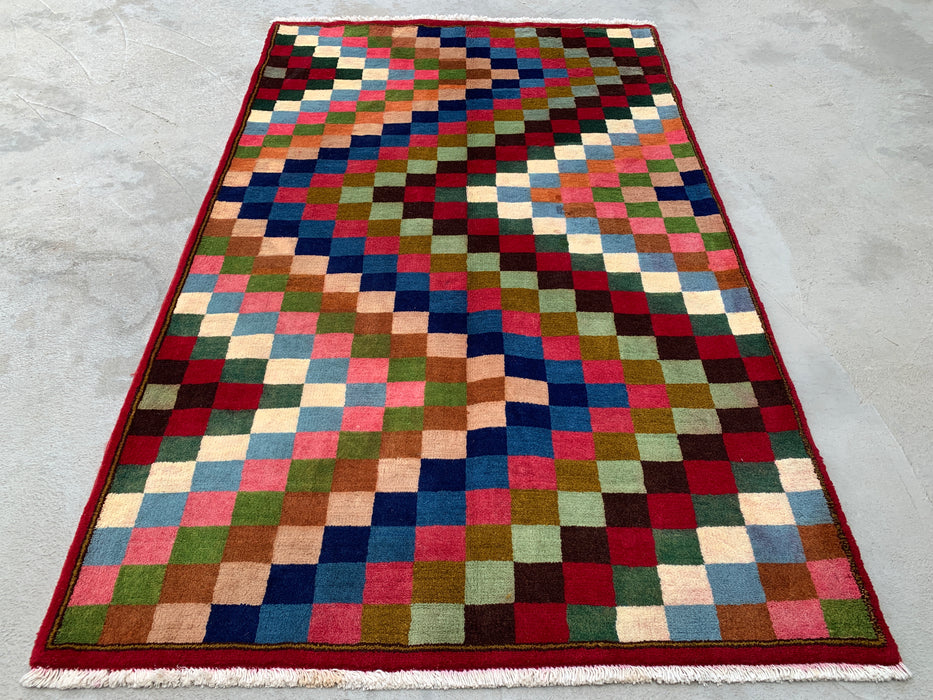 5'5 x 3'5 handgeknoopt Perzisch wollen tapijt - veelkleurig geometrisch dambordpatroon - KBHM-894
