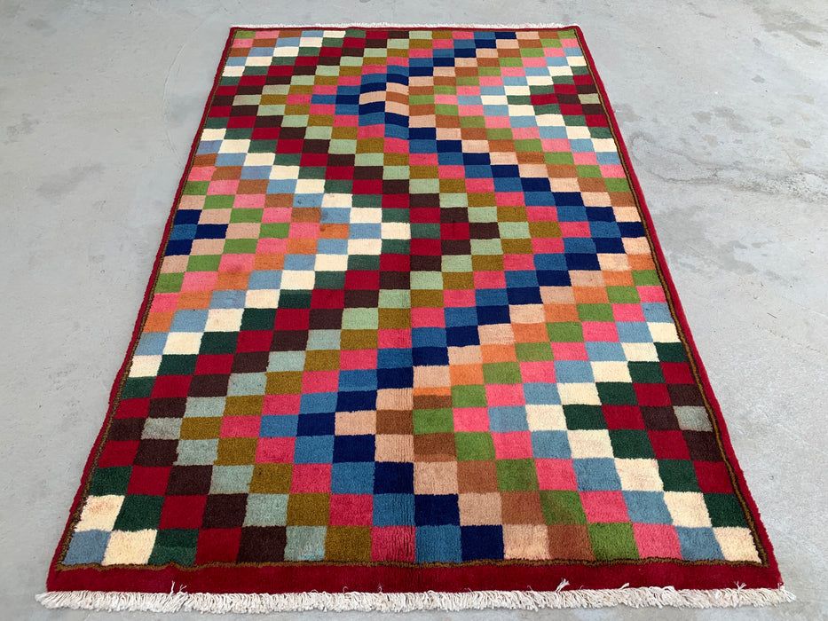 5'5 x 3'5 handgeknoopt Perzisch wollen tapijt - veelkleurig geometrisch dambordpatroon - KBHM-894