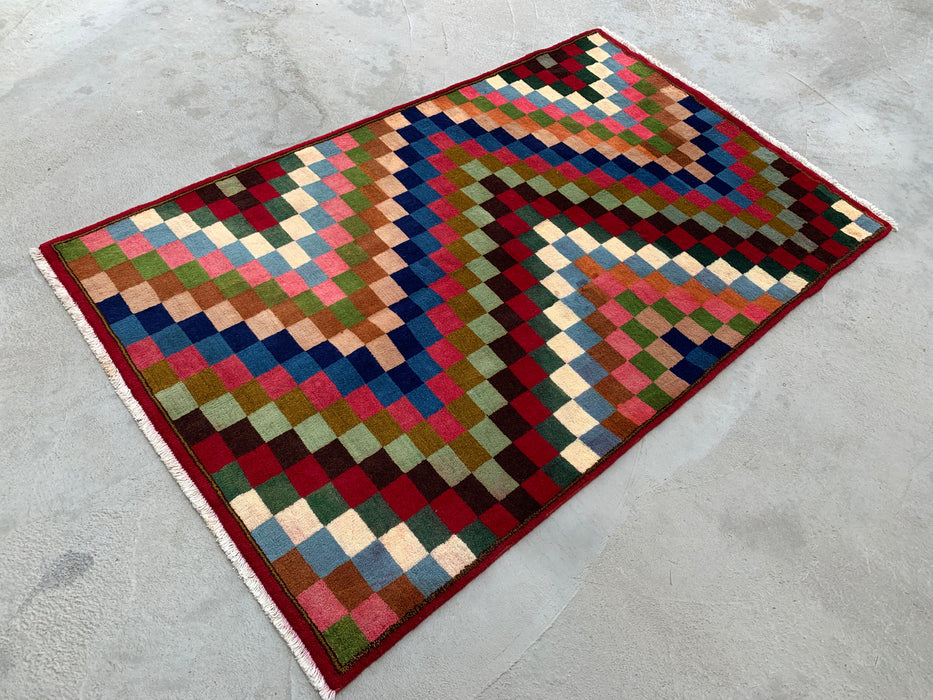 5'5 x 3'5 handgeknoopt Perzisch wollen tapijt - veelkleurig geometrisch dambordpatroon - KBHM-894