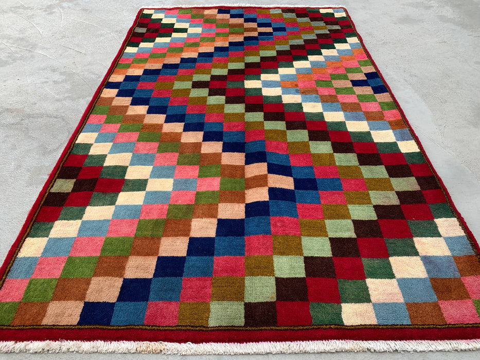 5'5 x 3'5 handgeknoopt Perzisch wollen tapijt - veelkleurig geometrisch dambordpatroon - KBHM-894