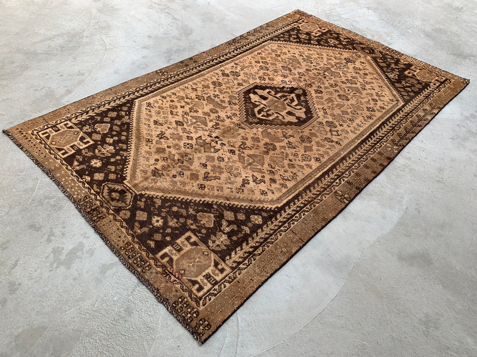8'6 x 5'1 handgeknoopt Perzisch wollen tapijt - Beige vintage tribaal medaillonontwerp - KBHM-895